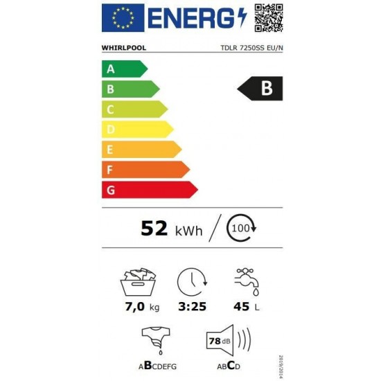 Whirlpool Πλυντήριο Ρούχων 7kg 1200 Στροφών 6th Sense TDLR7250SS