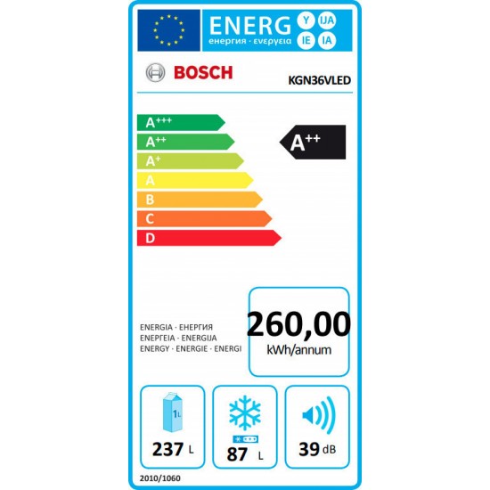 Bosch Ψυγειοκαταψύκτης 326lt Total NoFrost Υ186xΠ60xΒ66εκ. Metal Look KGN36VLED Bosch Ψυγειοκαταψύκτης 326lt Total NoFrost Υ186xΠ60xΒ66εκ. Metal Look KGN36VLED