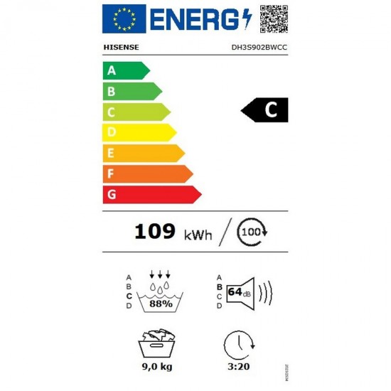Hisense DH3S902BWCC Στεγνωτήριο 9kg με Αντλία Θερμότητας