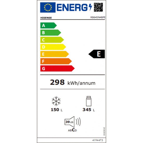 Hisense RB645N4BFE Ψυγειοκαταψύκτης 495lt Total NoFrost Υ200xΠ70.4xΒ69.4εκ. Μαύρος