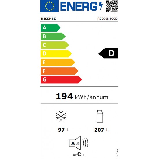 Hisense Ψυγειοκαταψύκτης 304lt Υ186xΠ59.5xΒ59εκ. Inox RB390N4CCD
