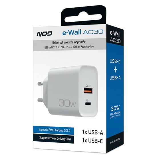 NOD Φορτιστής Χωρίς Καλώδιο με Θύρα USB-A και Θύρα USB-C 30W Quick Charge 3.0 Λευκός (E-WALL AC30)