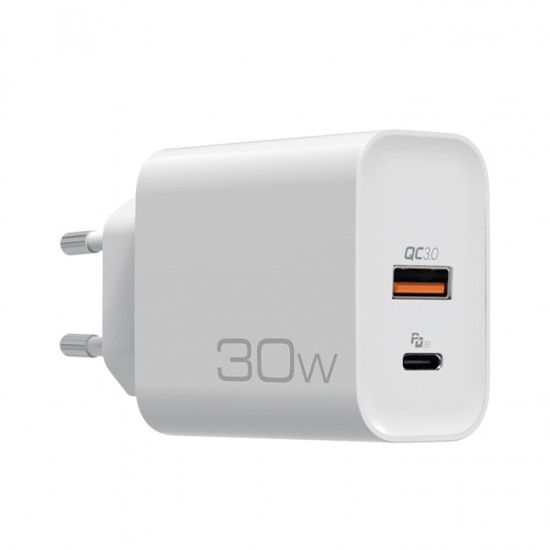 NOD Φορτιστής Χωρίς Καλώδιο με Θύρα USB-A και Θύρα USB-C 30W Quick Charge 3.0 Λευκός (E-WALL AC30)